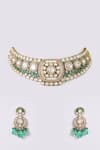 Shop_Auraa Trends_Gold Plated Stones, Beads Kundan Polki And Emerald Necklace Set _at_Aza_Fashions