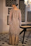 Shop_Esha L Amin_Beige Net, Crepe Embroidery, Sequins Keyhole Neck Kurta _at_Aza_Fashions
