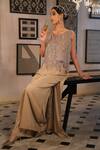 Buy_Esha L Amin_Beige Net, Crepe Embroidery, Beads Round Neck Flowy Back Front Top _at_Aza_Fashions