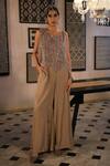 Esha L Amin_Beige Net, Crepe Embroidery, Beads Round Neck Flowy Back Front Top _Online_at_Aza_Fashions
