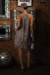 Shop_Esha L Amin_Beige Net, Crepe Sequins Halter Neck Dress _at_Aza_Fashions