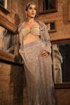 Esha L Amin_Beige Net, Crepe Embroidery Blazer _Online_at_Aza_Fashions