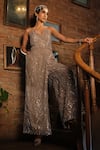 Esha L Amin_Beige Net, Crepe Sequins, Embroidery Sweetheart Neck Corset _Online_at_Aza_Fashions