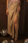Esha L Amin_Beige Net Embroidery, Beads Halter Neck Asymmetric Top _Online_at_Aza_Fashions