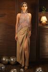 Buy_Esha L Amin_Beige Net Embroidery, Beads Halter Neck Asymmetric Top _at_Aza_Fashions