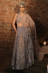 Buy_Esha L Amin_Beige Net, Crepe Embroidery, Sequins Lehenga _at_Aza_Fashions