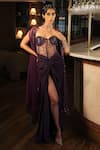 Buy_Esha L Amin_Purple Open Neck Embroidered Border Long Cape _at_Aza_Fashions