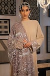 Esha L Amin_Beige Georgette, Net Embroidery, Sequins Round Neck Cuff Kurta _Online_at_Aza_Fashions