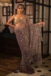 Buy_Esha L Amin_Beige Net, Crepe Embroidery Pre-draped Saree _at_Aza_Fashions