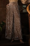 Esha L Amin_Beige Net, Crepe Sequins Boat Neck Embroidered Cuff Top _Online_at_Aza_Fashions