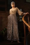 Buy_Esha L Amin_Beige Net, Crepe Sequins Boat Neck Embroidered Cuff Top _at_Aza_Fashions