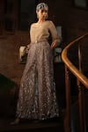 Buy_Esha L Amin_Beige Net, Crepe Sequins Boat Neck Embroidered Cuff Top _Online_at_Aza_Fashions