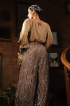 Shop_Esha L Amin_Beige Net, Crepe Sequins Boat Neck Embroidered Cuff Top _at_Aza_Fashions