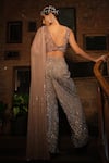 Shop_Esha L Amin_Beige Net, Crepe Embroidery, Sequins V-neck Draped Top _at_Aza_Fashions