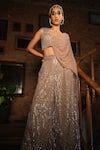 Esha L Amin_Beige Net, Crepe Embroidery, Sequins V-neck Draped Top _Online_at_Aza_Fashions