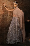 Buy_Esha L Amin_Beige Net, Crepe Embroidery, Sequins V-neck Draped Top _at_Aza_Fashions