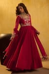 Buy_Hirika & Dhruti_Red Chanderi, Crinkle Embroidery, Mirrors, Hand Work Pleated Anarkali And Dupatta _at_Aza_Fashions