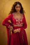 Hirika & Dhruti_Red Chanderi, Crinkle Embroidery, Mirrors, Hand Work Pleated Anarkali And Dupatta _Online_at_Aza_Fashions