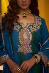 Shop_Hirika & Dhruti_Teal Silk, Organza Embroidery, Sequins Tikki Zardosi Kalli Short Kurta Dhoti Set _Online_at_Aza_Fashions