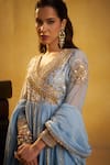 Hirika & Dhruti_Sky Blue Chanderi, Cotton Embroidery, Metal Tikki Angarkha, Pant And Dupatta Set _at_Aza_Fashions