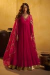 Buy_Hirika & Dhruti_Pink Chanderi Sequins, Beads, Embroidery, Tikki Pleated Anarkali And Jhal Dupatta _at_Aza_Fashions