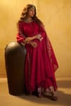 Buy_Hirika & Dhruti_Red Cotton, Silk, Organza Embroidery Round Neck Hand Anarkali Sharara Set _at_Aza_Fashions