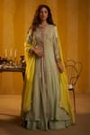 Buy_Hirika & Dhruti_Mint Organza Embroidery, Mirrors V-neck Zardozi Hand Jacket Lehenga Set _at_Aza_Fashions