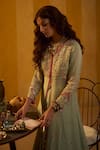 Hirika & Dhruti_Mint Organza Embroidery, Mirrors V-neck Zardozi Hand Jacket Lehenga Set _Online_at_Aza_Fashions