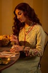 Buy_Hirika & Dhruti_Mint Organza Embroidery, Mirrors V-neck Zardozi Hand Jacket Lehenga Set _Online_at_Aza_Fashions