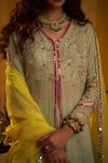 Hirika & Dhruti_Mint Organza Embroidery, Mirrors V-neck Zardozi Hand Jacket Lehenga Set _at_Aza_Fashions