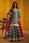Buy_Hirika & Dhruti_Teal Silk, Organza Gota Patti V-neck Kurta Sharara And Dupatta Set _at_Aza_Fashions