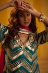 Hirika & Dhruti_Teal Silk, Organza Gota Patti V-neck Kurta Sharara And Dupatta Set _at_Aza_Fashions