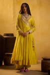 Buy_Hirika & Dhruti_Yellow Silk Embroidery, Sequins, Tassels, Metal Tikki Work Angarkha Pant Set _at_Aza_Fashions