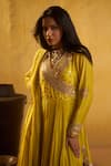 Hirika & Dhruti_Yellow Silk Embroidery, Sequins, Tassels, Metal Tikki Work Angarkha Pant Set _Online_at_Aza_Fashions