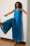 Buy_Kharakapas_Blue Chanderi V-neck Ambar Jumpsuit _Online_at_Aza_Fashions
