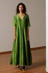 Kharakapas_Green Chanderi Silk Gota Patti V-neck Panna Jumpsuit _Online_at_Aza_Fashions