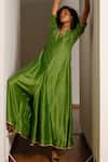 Buy_Kharakapas_Green Chanderi Silk Gota Patti V-neck Panna Jumpsuit _Online_at_Aza_Fashions