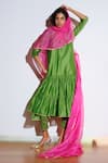 Buy_Kharakapas_Green Chanderi Silk, Kota Doria Embroidery, Patti V-neck Papiha Kurta Set _at_Aza_Fashions