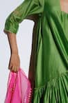 Kharakapas_Green Chanderi Silk, Kota Doria Embroidery, Patti V-neck Papiha Kurta Set _at_Aza_Fashions