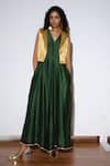 Shop_Kharakapas_Green Chanderi Silk Gota Patti V-neck Emerald Jumpsuit _Online_at_Aza_Fashions