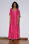 Buy_Kharakapas_Pink Chanderi Silk Gota Patti, Embroidery V-neck Gulfam Jumpsuit _at_Aza_Fashions