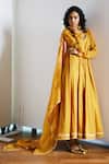 Buy_Kharakapas_Mustard Kota Doria, Silk Embroidery, Patti, Fringe Kiran Dupatta _at_Aza_Fashions