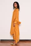Buy_Kharakapas_Mustard Chanderi, Kota Doria Embroidery V-neck Noorani Kurta Set _Online_at_Aza_Fashions