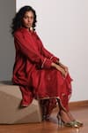 Kharakapas_Red Chanderi, Kota Doria Embroidery V-neck Kumkum Kurta Set _Online_at_Aza_Fashions
