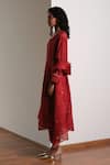 Buy_Kharakapas_Red Chanderi, Kota Doria Embroidery V-neck Kumkum Kurta Set _Online_at_Aza_Fashions