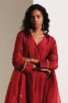 Shop_Kharakapas_Red Chanderi, Kota Doria Embroidery V-neck Kumkum Kurta Set _Online_at_Aza_Fashions