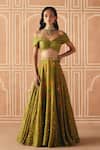 Buy_Drishti & Zahabia_Olive Green Dupion, Organza Embroidery, Cross Stitch Print Lehenga With Top _at_Aza_Fashions