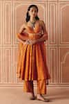Buy_Drishti & Zahabia_Orange Dupion, Silk, Organza Embroidery, Cross Stitch Print Anarkali Set _at_Aza_Fashions