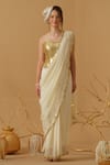 Buy_Abstract By Megha Jain Madaan_Ivory Silk, Crepe, Jersey Sequins Embellished Border Pre-draped Saree _at_Aza_Fashions