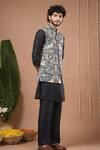 Ahi Clothing_Blue Crepe, Silk Navy Printed Nehru Jacket And Kurta Set _at_Aza_Fashions